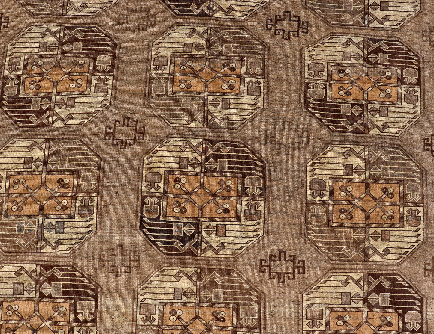 Hand - Knotted Vintage Ersari Rug with Gul Design in Brown, Ivory & Almond Hand - Knotted wool Turkomen Ersari Rug with Repeating Sub - Geometric Gul Design, Keivan Woven Arts; rug EMB - 9646 - P13546, country of origin / type: Turkestan / Ersari, circa ... - Keivan Woven ArtsEMB - 9646 - P13546 - 16085Rug
