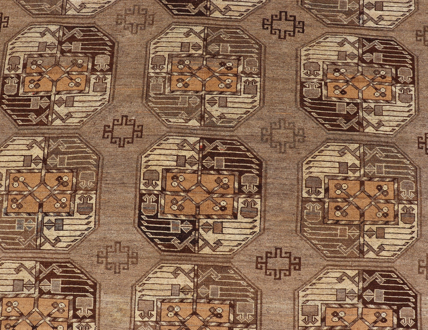 Hand - Knotted Vintage Ersari Rug with Gul Design in Brown, Ivory & Almond Hand - Knotted wool Turkomen Ersari Rug with Repeating Sub - Geometric Gul Design, Keivan Woven Arts; rug EMB - 9646 - P13546, country of origin / type: Turkestan / Ersari, circa ... - Keivan Woven ArtsEMB - 9646 - P13546 - 16085Rug