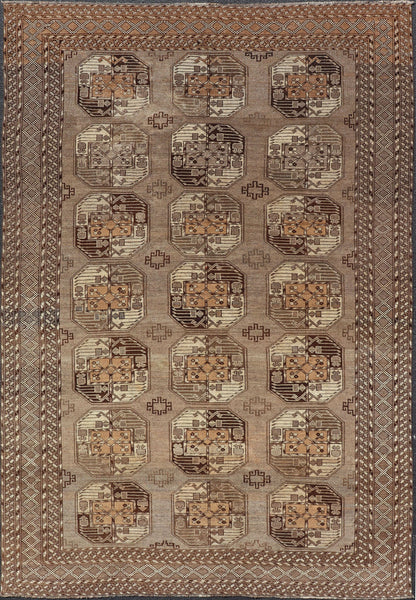 Hand - Knotted Vintage Ersari Rug with Gul Design in Brown, Ivory & Almond Hand - Knotted wool Turkomen Ersari Rug with Repeating Sub - Geometric Gul Design, Keivan Woven Arts; rug EMB - 9646 - P13546, country of origin / type: Turkestan / Ersari, circa ... - Keivan Woven ArtsEMB - 9646 - P13546 - 16085Rug