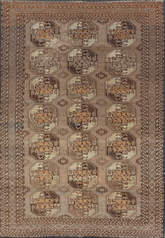 Hand - Knotted Vintage Ersari Rug with Gul Design in Brown, Ivory & Almond Hand - Knotted wool Turkomen Ersari Rug with Repeating Sub - Geometric Gul Design, Keivan Woven Arts; rug EMB - 9646 - P13546, country of origin / type: Turkestan / Ersari, circa ... - Keivan Woven ArtsEMB - 9646 - P13546 - 16085Rug