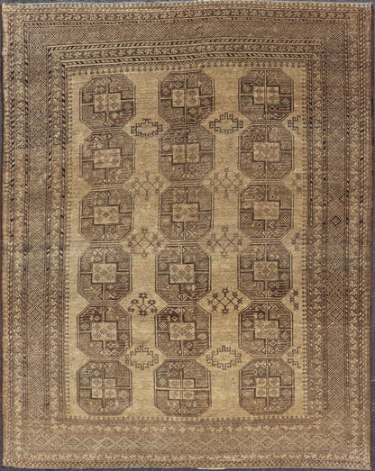 Hand - Knotted Turkomen Ersari Rug in Wool with Gul Design in Brown, Tan and Taupe This Turkomen Ersari rug has been hand - knotted in the finest wool. The rug features an all - over repeating Gul design throughout the entirety of the rug, enclosed w... - Keivan Woven ArtsEMB - 9647 - P13549 - 16091Rug