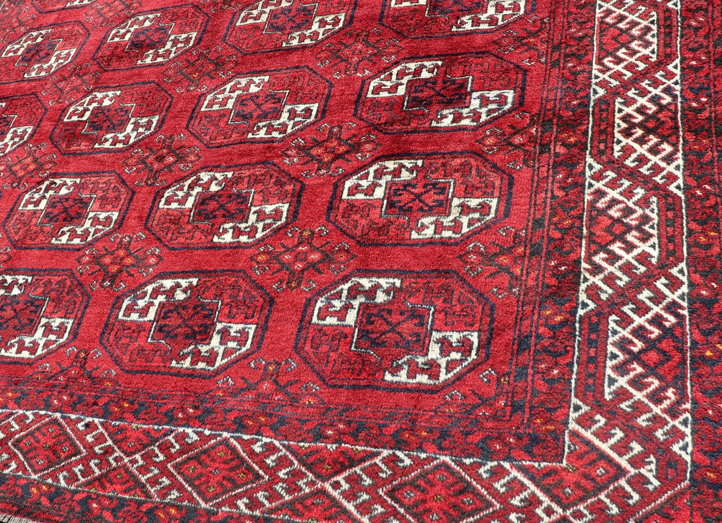 Hand - Knotted Vintage Turkomen Ersari Rug in Wool with Repeating Gul Design. Hand - Knotted Red vintage Ersari Rug with Gul Design, Keivan Woven Arts; rug EMB - 9651 - P13595, country of origin / type: Turkestan / Ersari, circa 1940s. Measures: 7'3 x 1... - Keivan Woven ArtsEMB - 9648 - P13545 - 16097Rug
