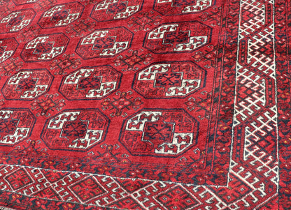 Hand - Knotted Vintage Turkomen Ersari Rug in Wool with Repeating Gul Design. Hand - Knotted Red vintage Ersari Rug with Gul Design, Keivan Woven Arts; rug EMB - 9651 - P13595, country of origin / type: Turkestan / Ersari, circa 1940s. Measures: 7'3 x 1... - Keivan Woven ArtsEMB - 9648 - P13545 - 16097Rug