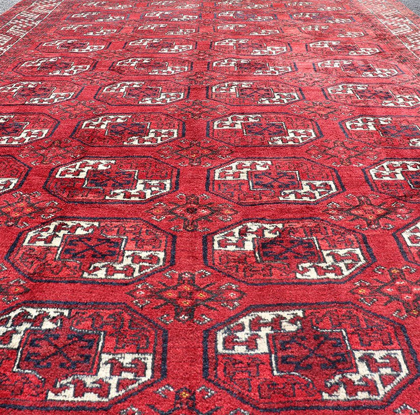 Hand - Knotted Vintage Turkomen Ersari Rug in Wool with Repeating Gul Design. Hand - Knotted Red vintage Ersari Rug with Gul Design, Keivan Woven Arts; rug EMB - 9651 - P13595, country of origin / type: Turkestan / Ersari, circa 1940s. Measures: 7'3 x 1... - Keivan Woven ArtsEMB - 9648 - P13545 - 16097Rug