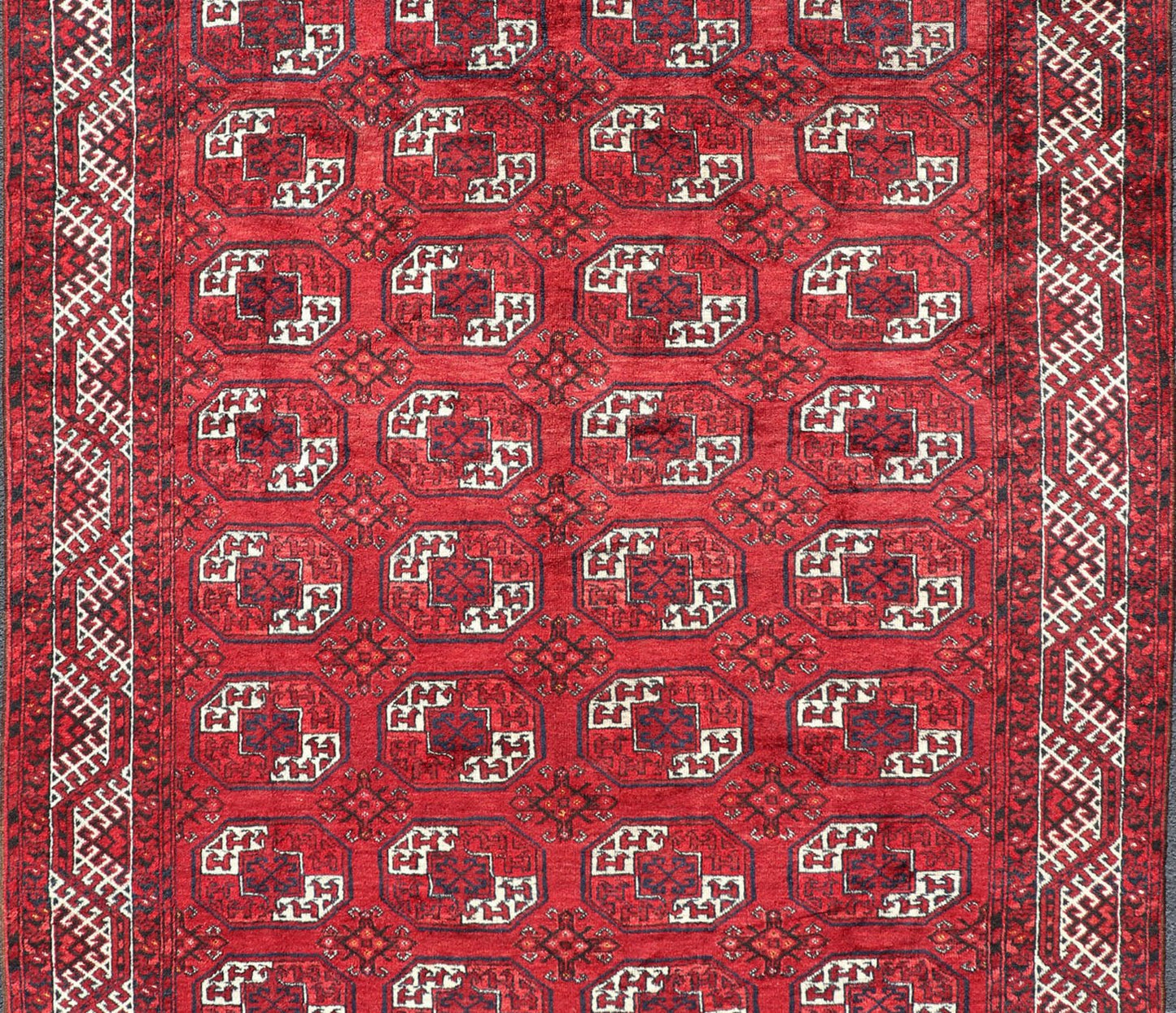 Hand - Knotted Vintage Turkomen Ersari Rug in Wool with Repeating Gul Design. Hand - Knotted Red vintage Ersari Rug with Gul Design, Keivan Woven Arts; rug EMB - 9651 - P13595, country of origin / type: Turkestan / Ersari, circa 1940s. Measures: 7'3 x 1... - Keivan Woven ArtsEMB - 9648 - P13545 - 16097Rug