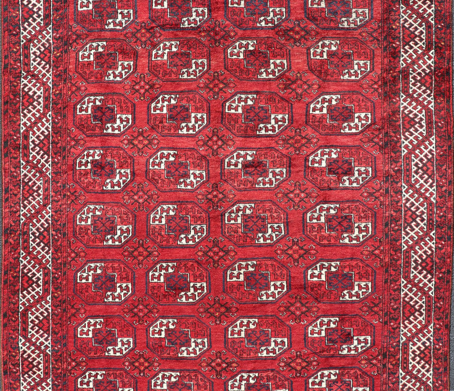 Hand - Knotted Vintage Turkomen Ersari Rug in Wool with Repeating Gul Design. Hand - Knotted Red vintage Ersari Rug with Gul Design, Keivan Woven Arts; rug EMB - 9651 - P13595, country of origin / type: Turkestan / Ersari, circa 1940s. Measures: 7'3 x 1... - Keivan Woven ArtsEMB - 9648 - P13545 - 16097Rug