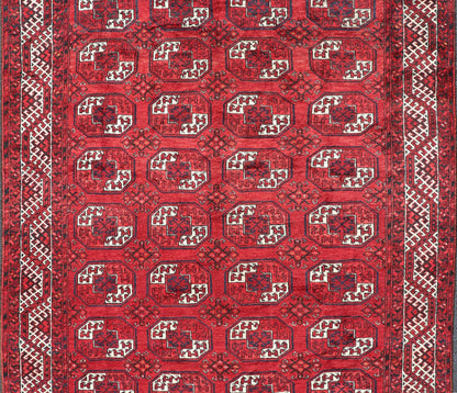 Hand - Knotted Vintage Turkomen Ersari Rug in Wool with Repeating Gul Design. Hand - Knotted Red vintage Ersari Rug with Gul Design, Keivan Woven Arts; rug EMB - 9651 - P13595, country of origin / type: Turkestan / Ersari, circa 1940s. Measures: 7'3 x 1... - Keivan Woven ArtsEMB - 9648 - P13545 - 16097Rug