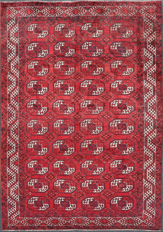 Hand - Knotted Vintage Turkomen Ersari Rug in Wool with Repeating Gul Design. Hand - Knotted Red vintage Ersari Rug with Gul Design, Keivan Woven Arts; rug EMB - 9651 - P13595, country of origin / type: Turkestan / Ersari, circa 1940s. Measures: 7'3 x 1... - Keivan Woven ArtsEMB - 9648 - P13545 - 16097
