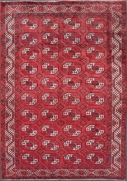 Hand - Knotted Vintage Turkomen Ersari Rug in Wool with Repeating Gul Design. Hand - Knotted Red vintage Ersari Rug with Gul Design, Keivan Woven Arts; rug EMB - 9651 - P13595, country of origin / type: Turkestan / Ersari, circa 1940s. Measures: 7'3 x 1... - Keivan Woven ArtsEMB - 9648 - P13545 - 16097Rug