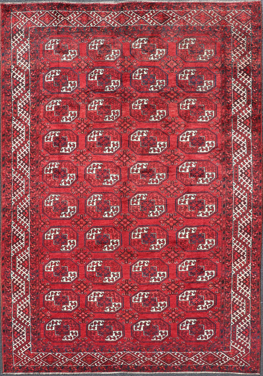 Hand - Knotted Vintage Turkomen Ersari Rug in Wool with Repeating Gul Design. Hand - Knotted Red vintage Ersari Rug with Gul Design, Keivan Woven Arts; rug EMB - 9651 - P13595, country of origin / type: Turkestan / Ersari, circa 1940s. Measures: 7'3 x 1... - Keivan Woven ArtsEMB - 9648 - P13545 - 16097Rug