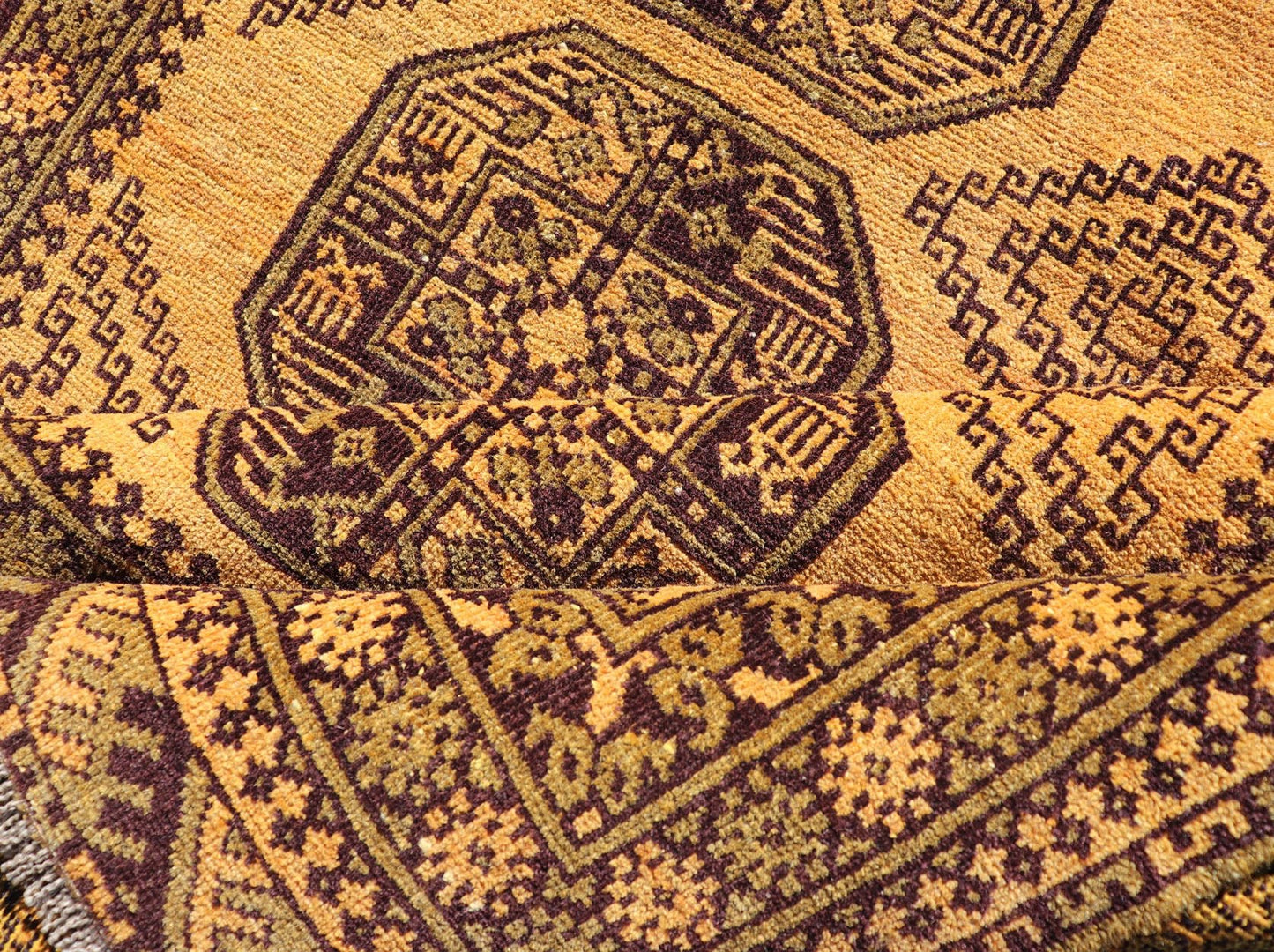 Hand - Knotted Ersari Rug in Wool with Gul Design in Green, Marigold and Brown This Turkomen Ersari rug has been hand - knotted in the finest wool. The rug features an all - over repeating Gul design throughout the entirety of the rug, enclosed within... - Keivan Woven ArtsEMB - 9654 - P13593 - 16127Rug
