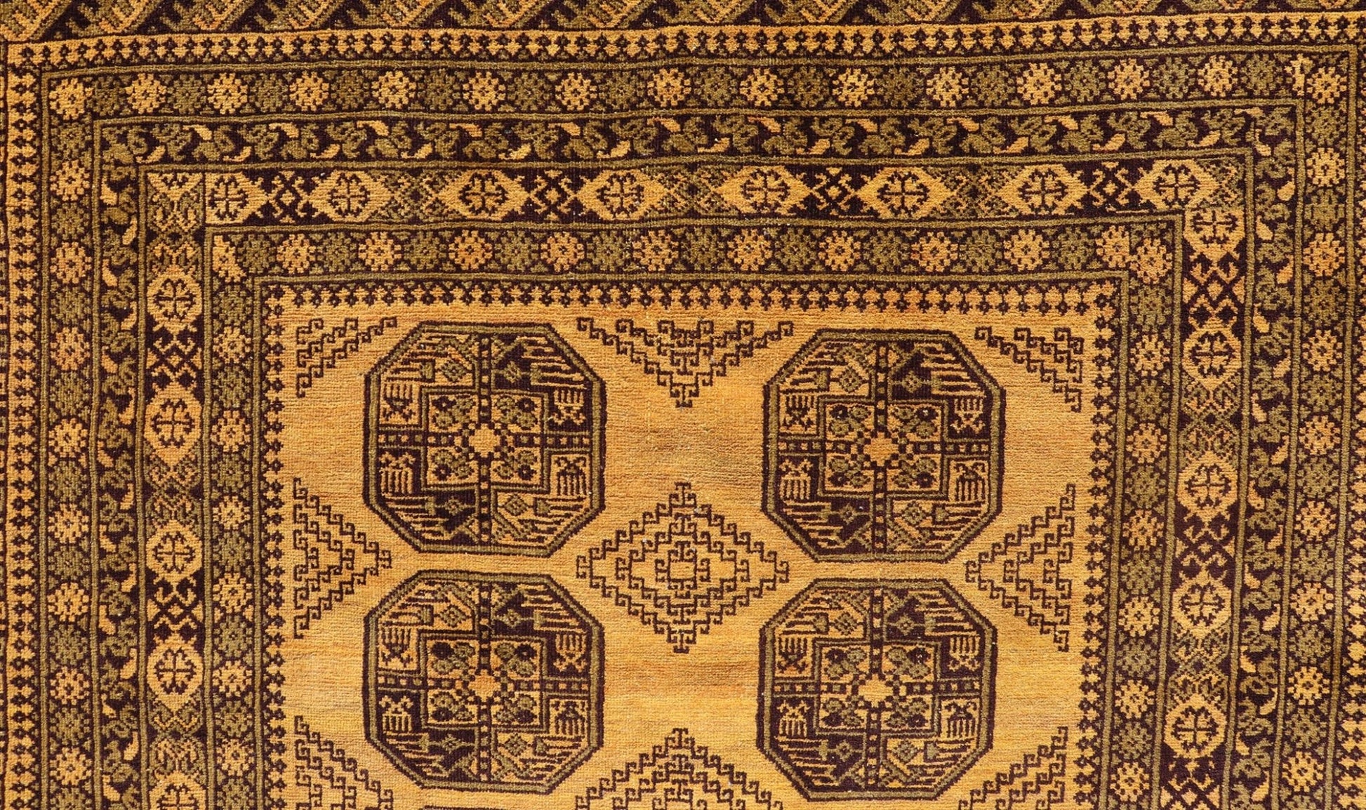 Hand - Knotted Ersari Rug in Wool with Gul Design in Green, Marigold and Brown This Turkomen Ersari rug has been hand - knotted in the finest wool. The rug features an all - over repeating Gul design throughout the entirety of the rug, enclosed within... - Keivan Woven ArtsEMB - 9654 - P13593 - 16127Rug