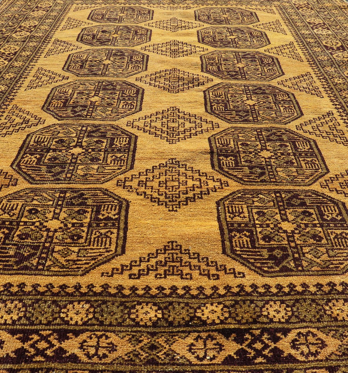 Hand - Knotted Ersari Rug in Wool with Gul Design in Green, Marigold and Brown This Turkomen Ersari rug has been hand - knotted in the finest wool. The rug features an all - over repeating Gul design throughout the entirety of the rug, enclosed within... - Keivan Woven ArtsEMB - 9654 - P13593 - 16127Rug