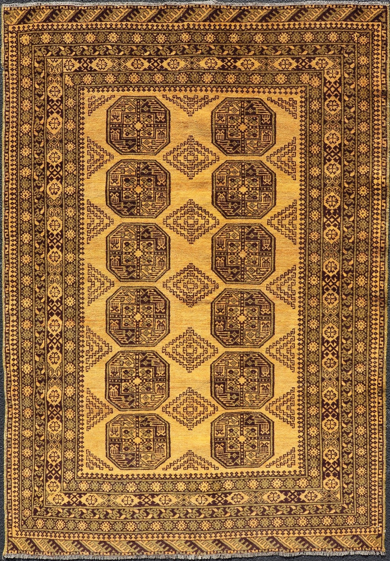 Hand - Knotted Ersari Rug in Wool with Gul Design in Green, Marigold and Brown This Turkomen Ersari rug has been hand - knotted in the finest wool. The rug features an all - over repeating Gul design throughout the entirety of the rug, enclosed within... - Keivan Woven ArtsEMB - 9654 - P13593 - 16127Rug