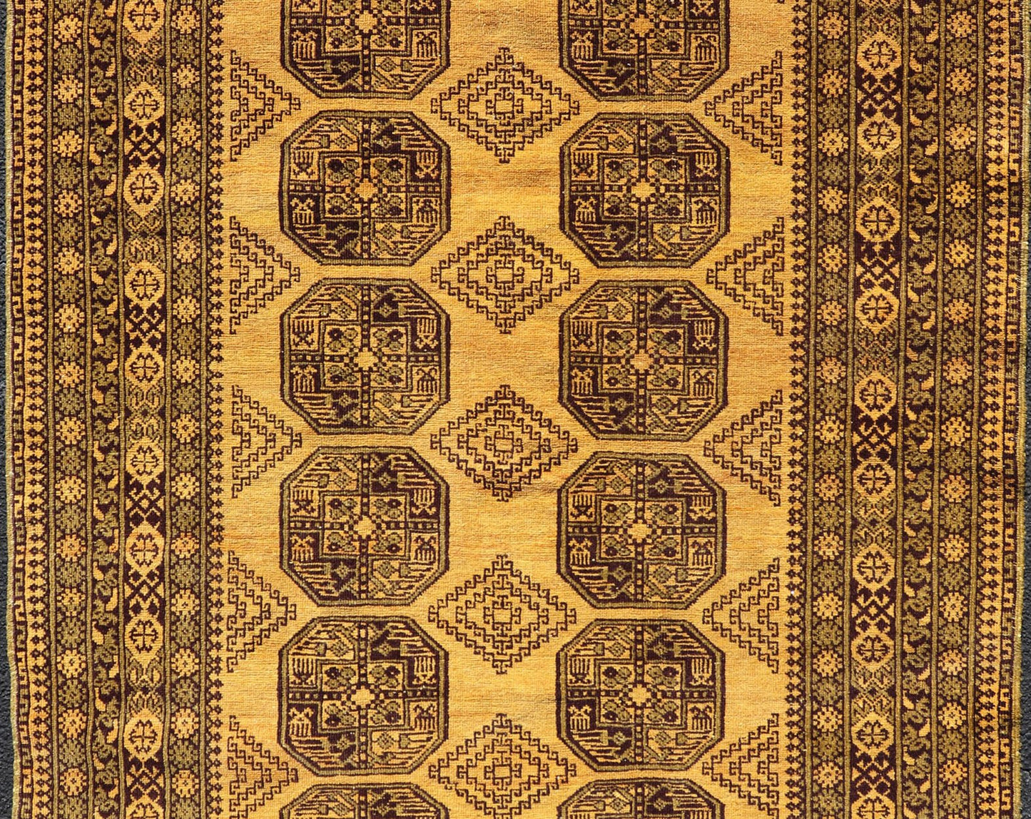 Hand - Knotted Ersari Rug in Wool with Gul Design in Green, Marigold and Brown This Turkomen Ersari rug has been hand - knotted in the finest wool. The rug features an all - over repeating Gul design throughout the entirety of the rug, enclosed within... - Keivan Woven ArtsEMB - 9654 - P13593 - 16127Rug