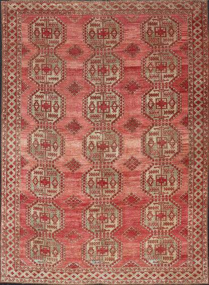 Antique Turkomen Ersari Rug with Repeating Gul Design. Antique Turkomen Ersari Rug with Repeating Gul Design in soft red background, green, light blue, butter yellow. Hand - Knotted Ersari Rug. Keivan Woven Arts; rug EMB - 9656 - P13592, country of origin / ... - Keivan Woven ArtsEMB - 9656 - P13592 - 16139Rug