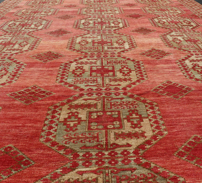 Antique Turkomen Ersari Rug with Repeating Gul Design. Antique Turkomen Ersari Rug with Repeating Gul Design in soft red background, green, light blue, butter yellow. Hand - Knotted Ersari Rug. Keivan Woven Arts; rug EMB - 9656 - P13592, country of origin / ... - Keivan Woven ArtsEMB - 9656 - P13592 - 16139Rug