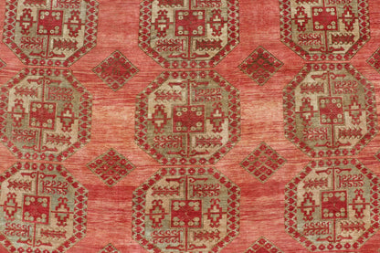 Antique Turkomen Ersari Rug with Repeating Gul Design. Antique Turkomen Ersari Rug with Repeating Gul Design in soft red background, green, light blue, butter yellow. Hand - Knotted Ersari Rug. Keivan Woven Arts; rug EMB - 9656 - P13592, country of origin / ... - Keivan Woven ArtsEMB - 9656 - P13592 - 16139Rug
