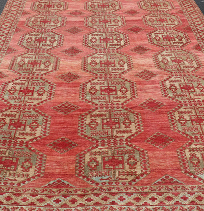 Antique Turkomen Ersari Rug with Repeating Gul Design. Antique Turkomen Ersari Rug with Repeating Gul Design in soft red background, green, light blue, butter yellow. Hand - Knotted Ersari Rug. Keivan Woven Arts; rug EMB - 9656 - P13592, country of origin / ... - Keivan Woven ArtsEMB - 9656 - P13592 - 16139Rug