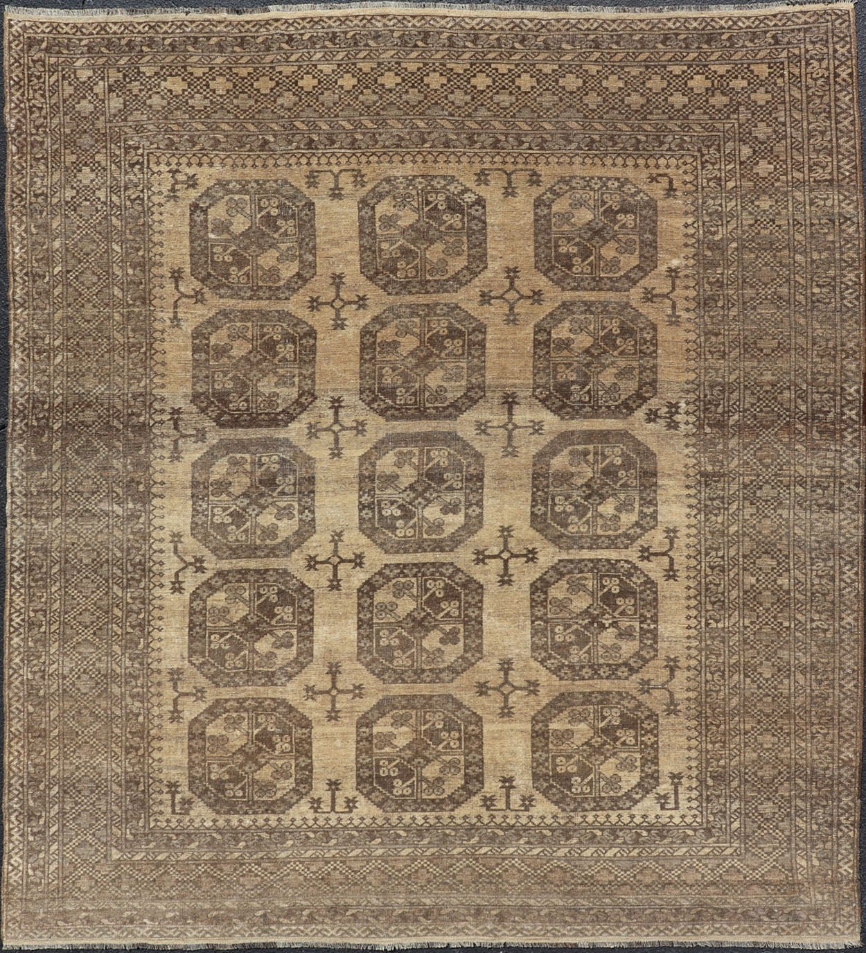 Vintage Turkomen Ersari Rug with Gul Design in Brown, Gray, Tan & Sand Colors Square shape Vintage Turkomen Ersari Rug with Gul Design in Brown, Gray, Tan & Sand Colors. Keivan Woven Arts; rug EMB - 9660 - P13538, country of origin / type: Turkestan... - Keivan Woven ArtsEMB - 9660 - P13538 - 16163Rug
