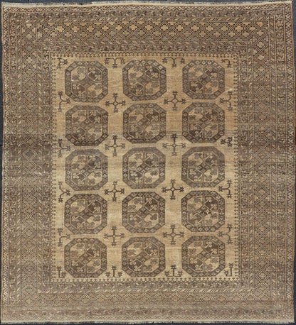Vintage Turkomen Ersari Rug with Gul Design in Brown, Gray, Tan & Sand Colors Square shape Vintage Turkomen Ersari Rug with Gul Design in Brown, Gray, Tan & Sand Colors. Keivan Woven Arts; rug EMB - 9660 - P13538, country of origin / type: Turkestan... - Keivan Woven ArtsEMB - 9660 - P13538 - 16163Rug
