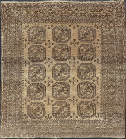 Vintage Turkomen Ersari Rug with Gul Design in Brown, Gray, Tan & Sand Colors Square shape Vintage Turkomen Ersari Rug with Gul Design in Brown, Gray, Tan & Sand Colors. Keivan Woven Arts; rug EMB - 9660 - P13538, country of origin / type: Turkestan... - Keivan Woven ArtsEMB - 9660 - P13538 - 16163