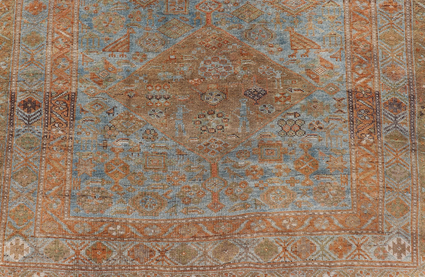 Antique distressed Persian Kurdish with medallion design in muted colors rug EMB - 9661 - P13590, Keivan Woven Arts / country of origin / type: Iran / Kurdish, circa 1900. Measures: 5 x 9'9 Antique Hand Knotted Persian Kurdish Rug in Blu... - Keivan Woven ArtsEMB - 9661 - P13590 - 16169Rug