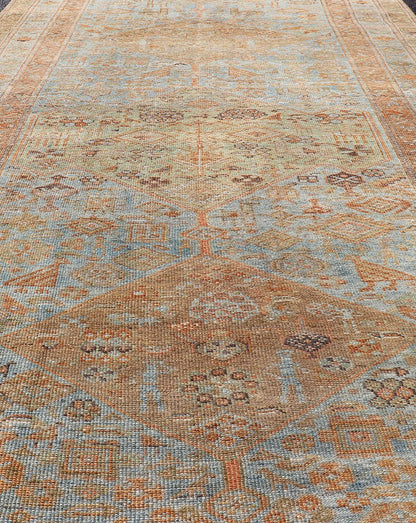 Antique distressed Persian Kurdish with medallion design in muted colors rug EMB - 9661 - P13590, Keivan Woven Arts / country of origin / type: Iran / Kurdish, circa 1900. Measures: 5 x 9'9 Antique Hand Knotted Persian Kurdish Rug in Blu... - Keivan Woven ArtsEMB - 9661 - P13590 - 16169Rug