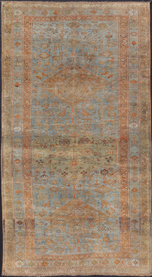 Antique distressed Persian Kurdish with medallion design in muted colors rug EMB - 9661 - P13590, Keivan Woven Arts / country of origin / type: Iran / Kurdish, circa 1900. Measures: 5 x 9'9 Antique Hand Knotted Persian Kurdish Rug in Blu... - Keivan Woven ArtsEMB - 9661 - P13590 - 16169Rug