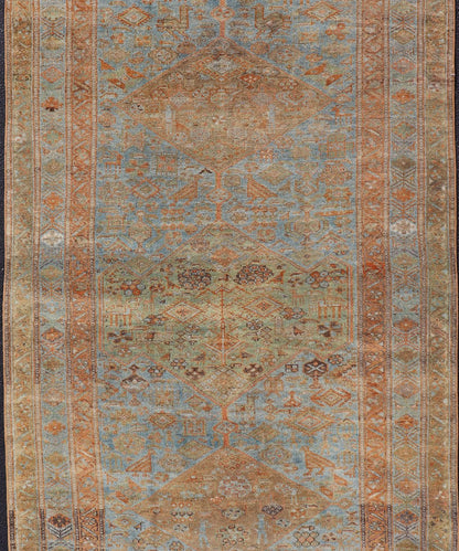 Antique distressed Persian Kurdish with medallion design in muted colors rug EMB - 9661 - P13590, Keivan Woven Arts / country of origin / type: Iran / Kurdish, circa 1900. Measures: 5 x 9'9 Antique Hand Knotted Persian Kurdish Rug in Blu... - Keivan Woven ArtsEMB - 9661 - P13590 - 16169Rug