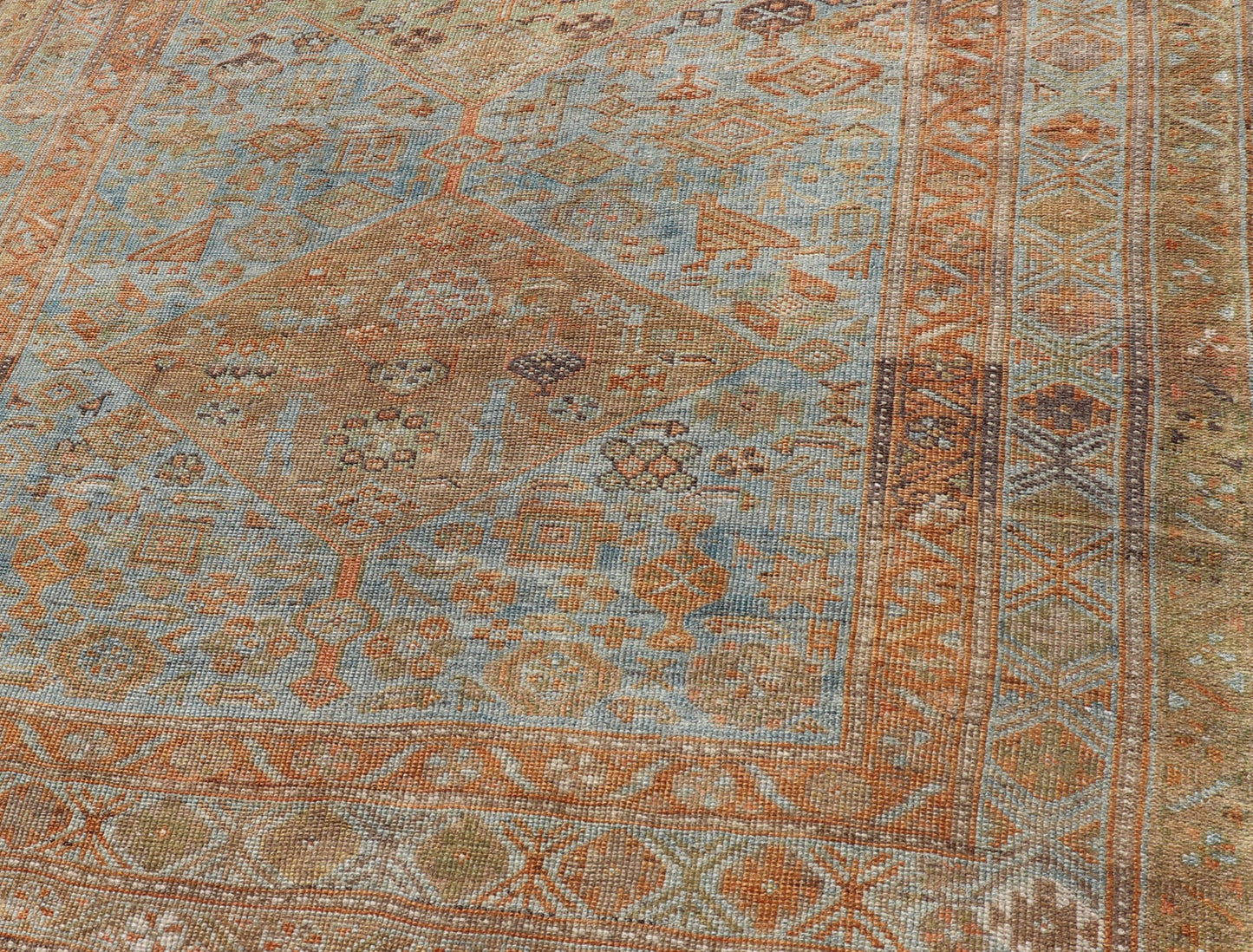 Antique distressed Persian Kurdish with medallion design in muted colors rug EMB - 9661 - P13590, Keivan Woven Arts / country of origin / type: Iran / Kurdish, circa 1900. Measures: 5 x 9'9 Antique Hand Knotted Persian Kurdish Rug in Blu... - Keivan Woven ArtsEMB - 9661 - P13590 - 16169Rug