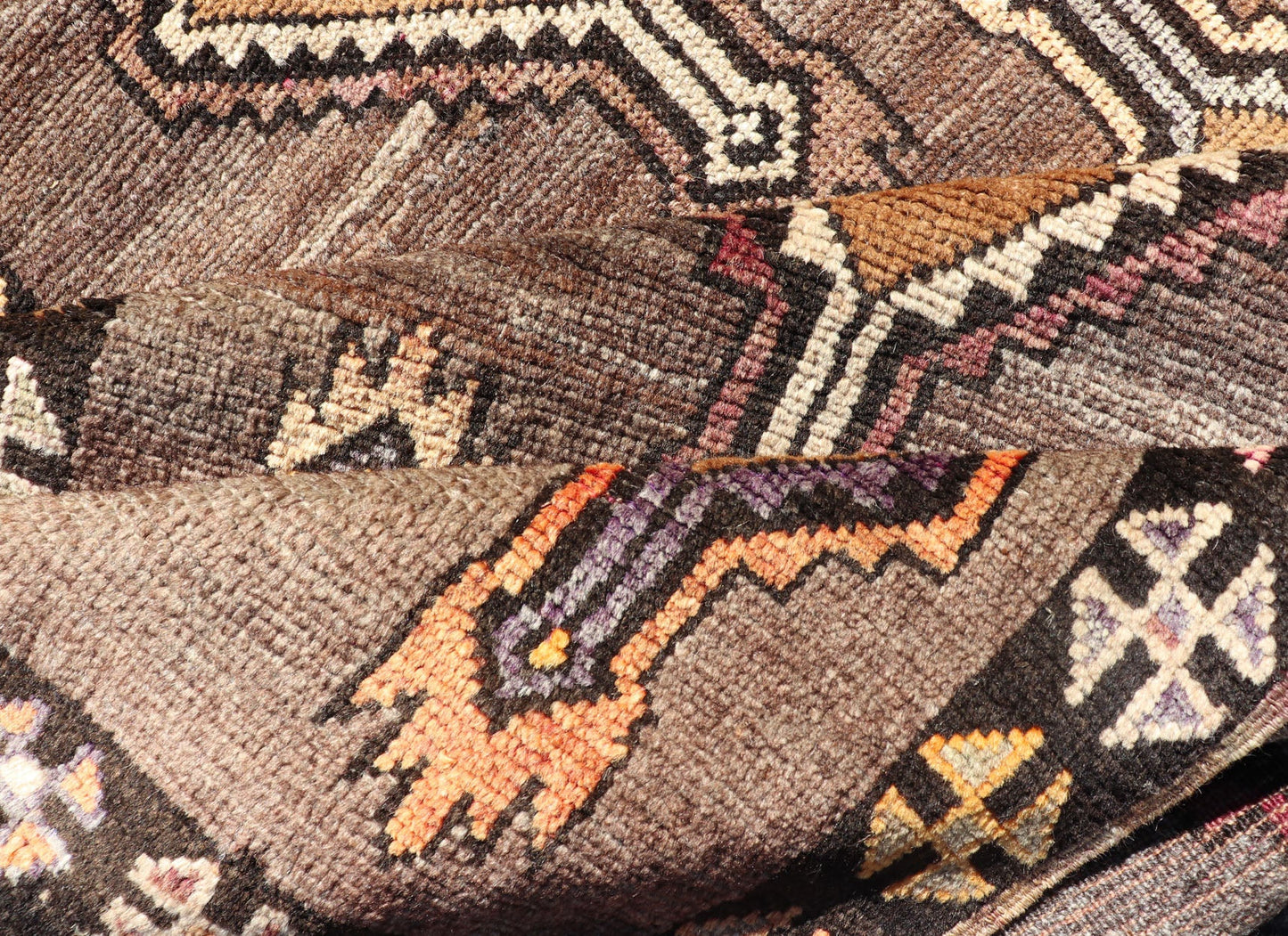 Long Vintage Turkish Kars Narrow Runner with Tribal Design. Long and Narrow Vintage Turkish Kars Runner with Tribal Design and Medallions in light purple, light orange, gray . Keivan Woven Arts / rug/ EMB - 9662 - P13548, country of origin / type: T... - Keivan Woven ArtsEMB - 9662 - P13548 - 16175Rug