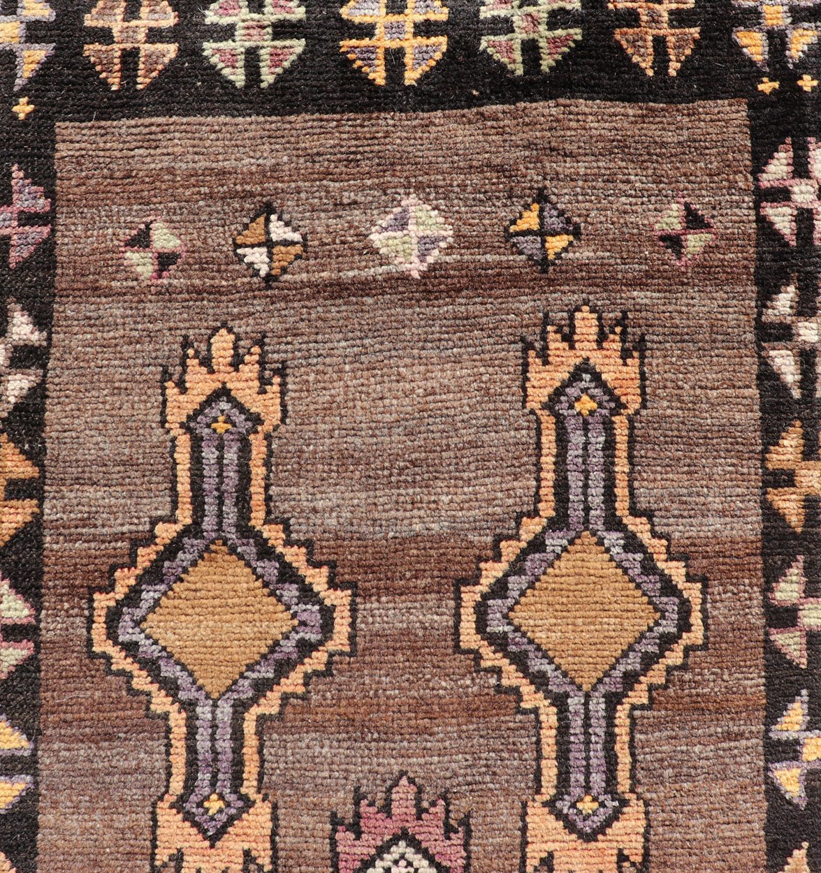 Long Vintage Turkish Kars Narrow Runner with Tribal Design. Long and Narrow Vintage Turkish Kars Runner with Tribal Design and Medallions in light purple, light orange, gray . Keivan Woven Arts / rug/ EMB - 9662 - P13548, country of origin / type: T... - Keivan Woven ArtsEMB - 9662 - P13548 - 16175Rug