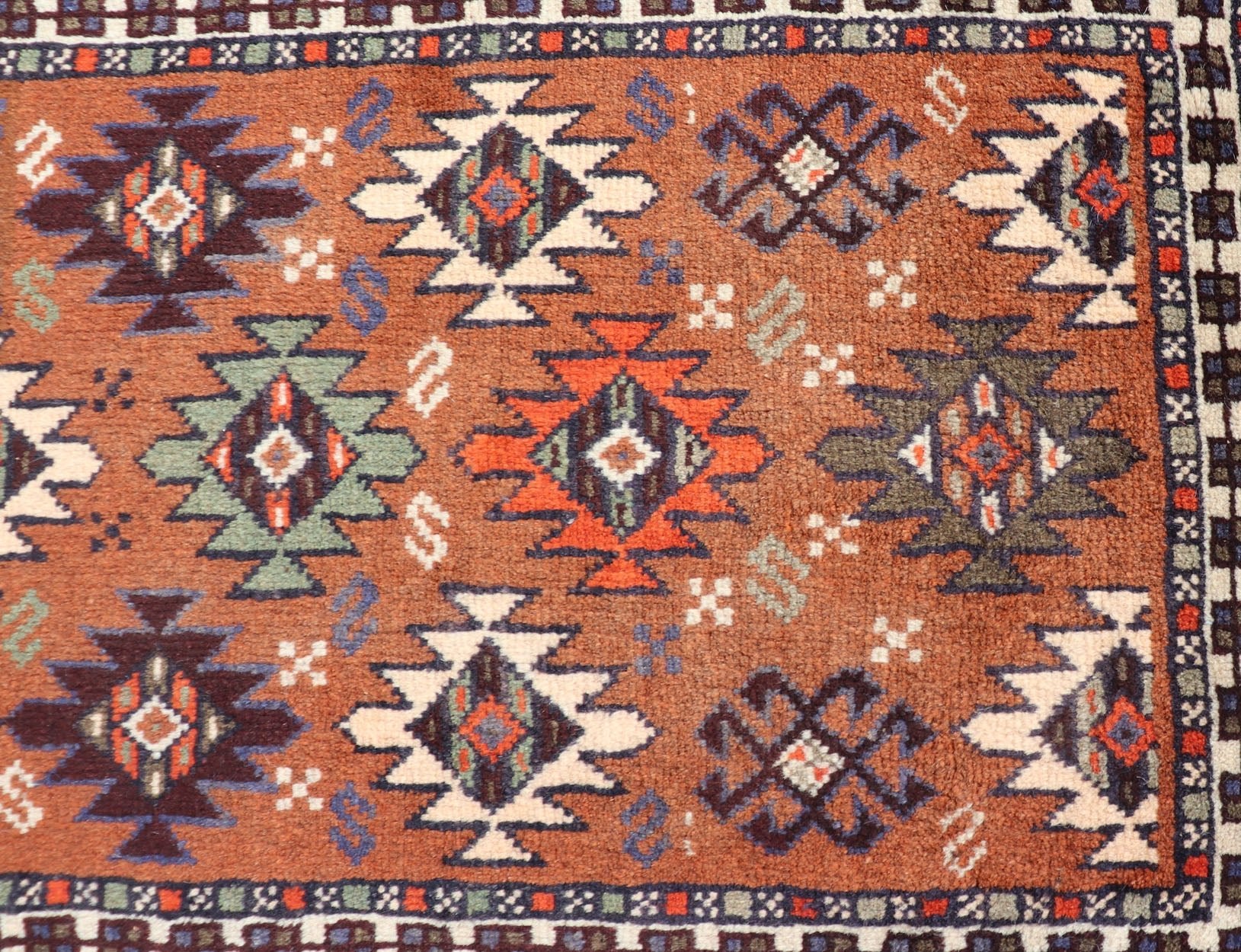 Vintage Turkish Kars Runner with Tribal Motif Design in Orange - Brown Colors. Keivan Woven Arts / rug EMB - 9663 - P13552, country of origin / type: Turkey / Oushak, circa mid - 20th century. This vintage runner features an assortment of tribal and geo... - Keivan Woven ArtsEMB - 9663 - P13552 - 16181Rug
