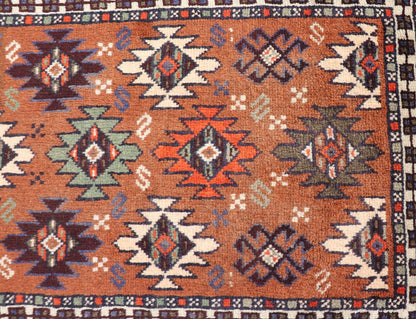 Vintage Turkish Kars Runner with Tribal Motif Design in Orange - Brown Colors. Keivan Woven Arts / rug EMB - 9663 - P13552, country of origin / type: Turkey / Oushak, circa mid - 20th century. This vintage runner features an assortment of tribal and geo... - Keivan Woven ArtsEMB - 9663 - P13552 - 16181Rug
