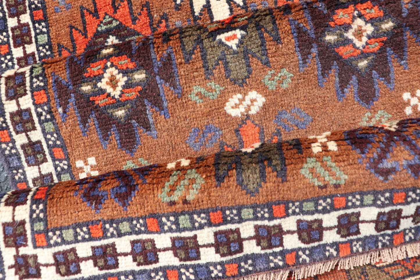 Vintage Turkish Kars Runner with Tribal Motif Design in Orange - Brown Colors. Keivan Woven Arts / rug EMB - 9663 - P13552, country of origin / type: Turkey / Oushak, circa mid - 20th century. This vintage runner features an assortment of tribal and geo... - Keivan Woven ArtsEMB - 9663 - P13552 - 16181Rug