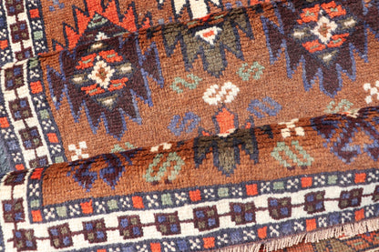 Vintage Turkish Kars Runner with Tribal Motif Design in Orange - Brown Colors. Keivan Woven Arts / rug EMB - 9663 - P13552, country of origin / type: Turkey / Oushak, circa mid - 20th century. This vintage runner features an assortment of tribal and geo... - Keivan Woven ArtsEMB - 9663 - P13552 - 16181Rug