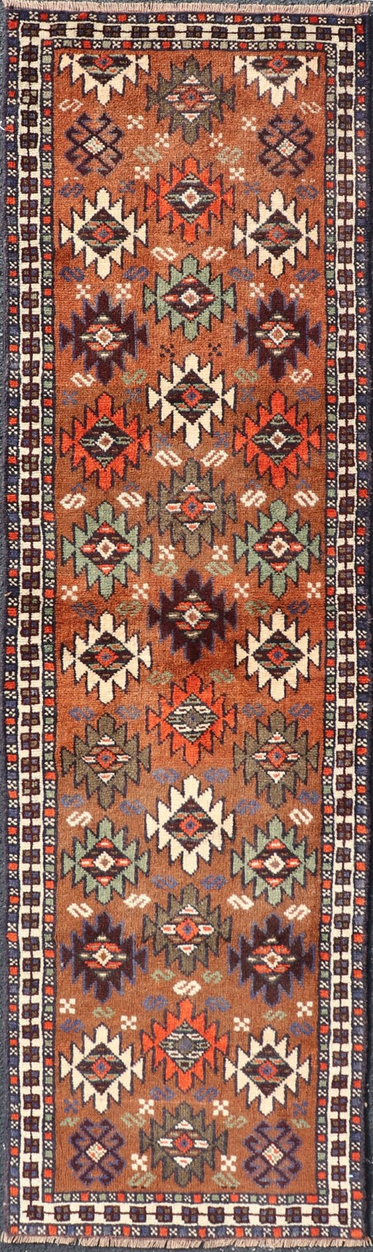 Vintage Turkish Kars Runner with Tribal Motif Design in Orange - Brown Colors. Keivan Woven Arts / rug EMB - 9663 - P13552, country of origin / type: Turkey / Oushak, circa mid - 20th century. This vintage runner features an assortment of tribal and geo... - Keivan Woven ArtsEMB - 9663 - P13552 - 16181Rug