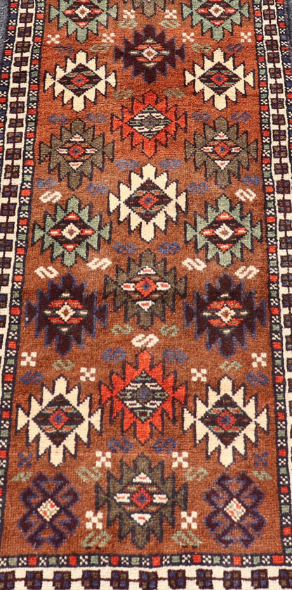 Vintage Turkish Kars Runner with Tribal Motif Design in Orange - Brown Colors. Keivan Woven Arts / rug EMB - 9663 - P13552, country of origin / type: Turkey / Oushak, circa mid - 20th century. This vintage runner features an assortment of tribal and geo... - Keivan Woven ArtsEMB - 9663 - P13552 - 16181Rug