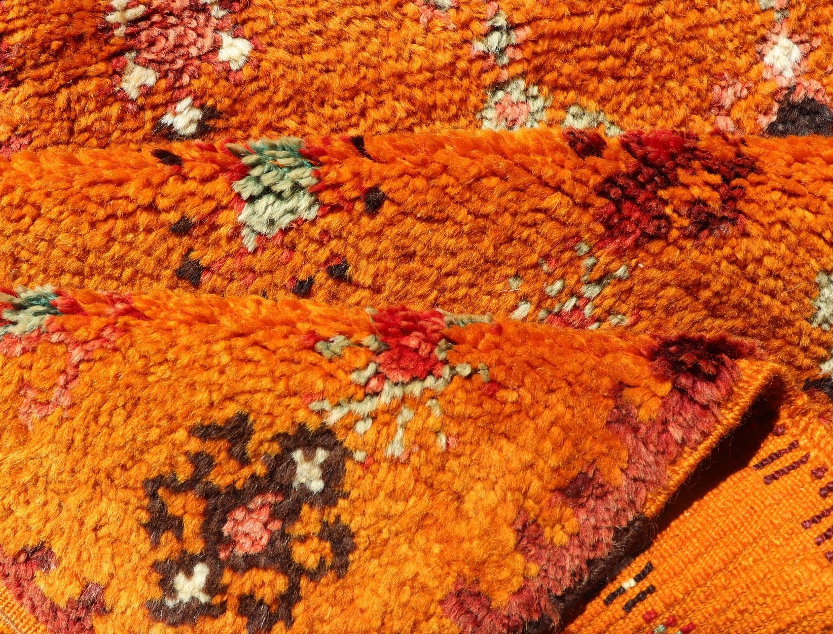 Vintage Moroccan Runner with Sub - Geometric Motifs in Saffron, Gold and Orange This lovely Vintage Moroccan Carpet (circa 1940s), features an all - over sub - geometric design rendered in Saffron, Ivory, Brown and variations of Red, Green, Gold & Ora... - Keivan Woven ArtsEMB - 9667 - P13564 - 16193Rug