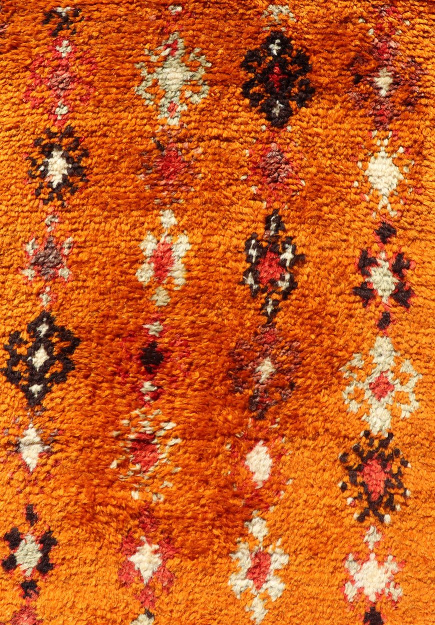 Vintage Moroccan Runner with Sub - Geometric Motifs in Saffron, Gold and Orange This lovely Vintage Moroccan Carpet (circa 1940s), features an all - over sub - geometric design rendered in Saffron, Ivory, Brown and variations of Red, Green, Gold & Ora... - Keivan Woven ArtsEMB - 9667 - P13564 - 16193Rug