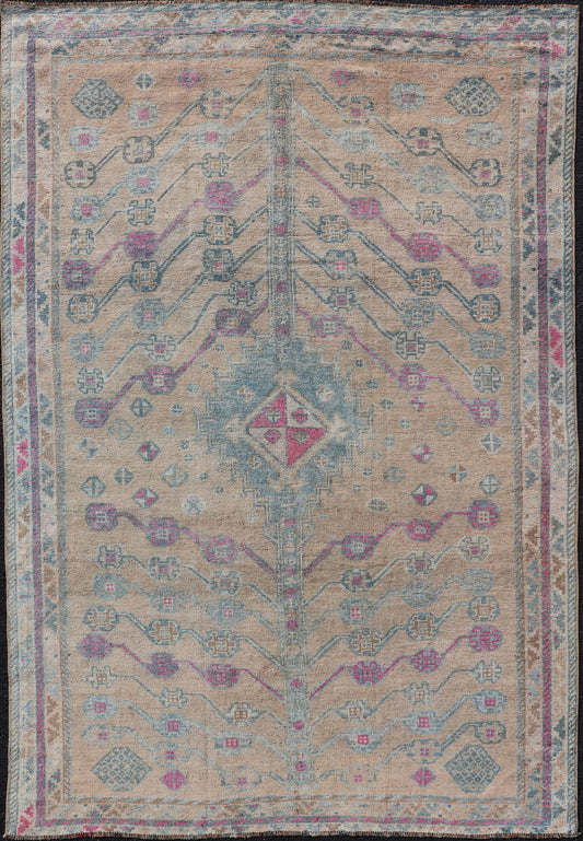 Measures: 4'10 x 7'4 Vintage Persian Shiraz with Tribal Design in Soft Yellow, Pink, and Blue Gray. Keivan Woven Arts / rug EMB - 9668 - 13562, country of origin / type: Persian / Tribal, circa mid - 20th century. This vintage Persian rug feature... - Keivan Woven ArtsEMB - 9668 - P13562 - 16199Rug