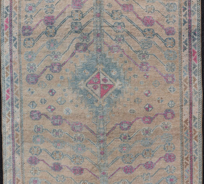 Measures: 4'10 x 7'4 Vintage Persian Shiraz with Tribal Design in Soft Yellow, Pink, and Blue Gray. Keivan Woven Arts / rug EMB - 9668 - 13562, country of origin / type: Persian / Tribal, circa mid - 20th century. This vintage Persian rug feature... - Keivan Woven ArtsEMB - 9668 - P13562 - 16199Rug