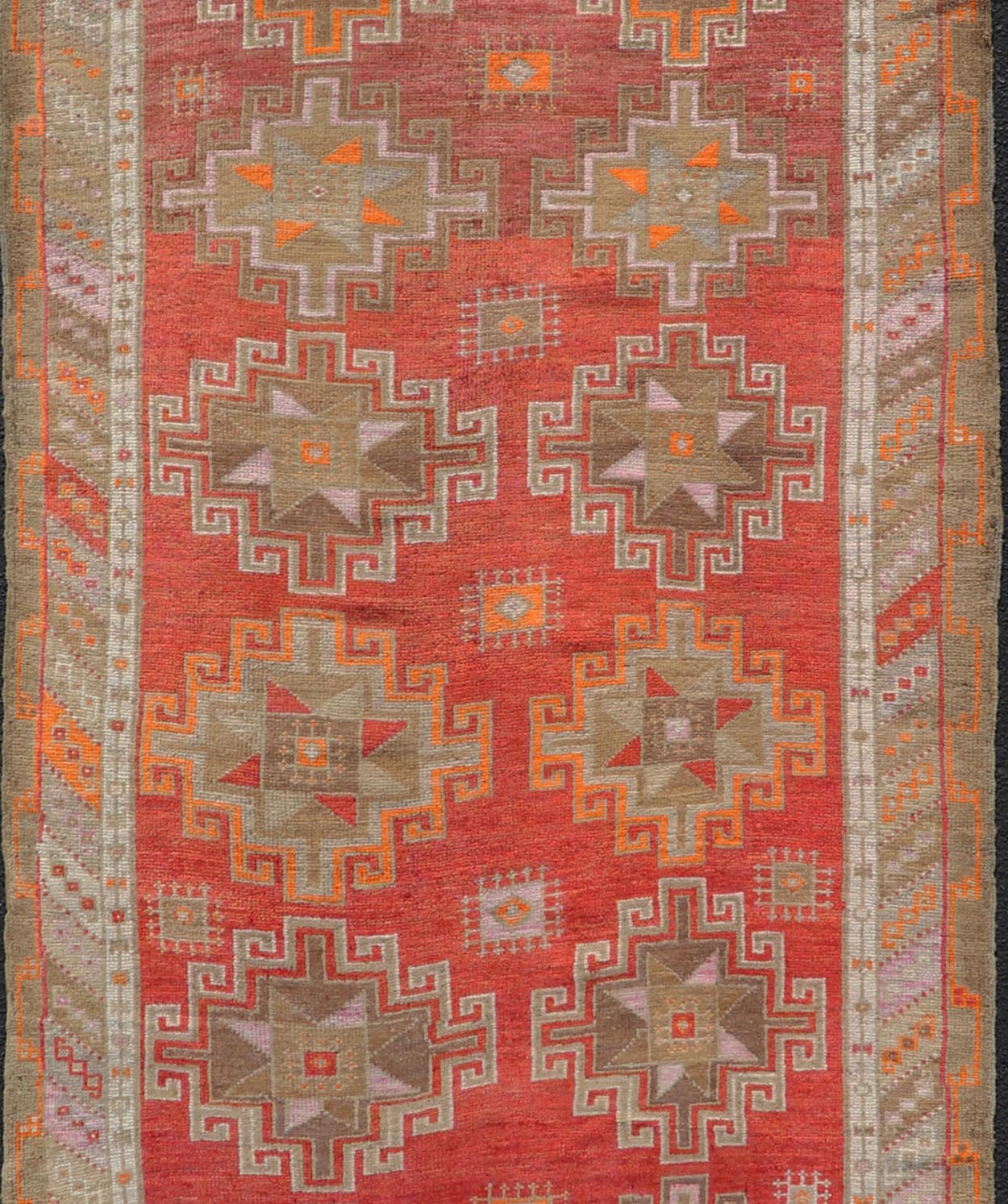 Hand Knotted Colorful Turkish Kars Gallery with Tribal Designs Geometric Motifs Vintage Turkish Kars/Oushak Gallery runner in red, brown, pink, ivory, orange and tan Keivan Woven Arts / rug/EMB - 9671 - P13566, country of origin / type: Turkey / Ous... - Keivan Woven ArtsEMB - 9671 - P13566 - 16205Rug