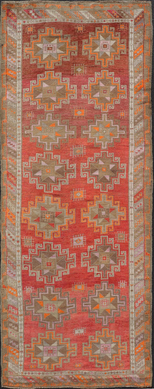 Hand Knotted Colorful Turkish Kars Gallery with Tribal Designs Geometric Motifs Vintage Turkish Kars/Oushak Gallery runner in red, brown, pink, ivory, orange and tan Keivan Woven Arts / rug/EMB - 9671 - P13566, country of origin / type: Turkey / Ous... - Keivan Woven ArtsEMB - 9671 - P13566 - 16205