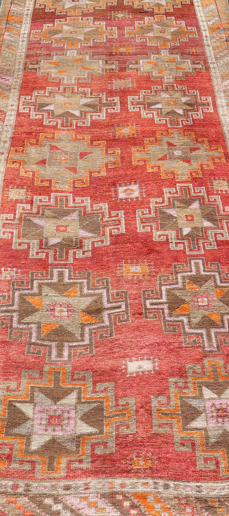 Hand Knotted Colorful Turkish Kars Gallery with Tribal Designs Geometric Motifs Vintage Turkish Kars/Oushak Gallery runner in red, brown, pink, ivory, orange and tan Keivan Woven Arts / rug/EMB - 9671 - P13566, country of origin / type: Turkey / Ous... - Keivan Woven ArtsEMB - 9671 - P13566 - 16205Rug