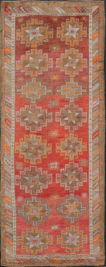 Hand Knotted Colorful Turkish Kars Gallery with Tribal Designs Geometric Motifs Vintage Turkish Kars/Oushak Gallery runner in red, brown, pink, ivory, orange and tan Keivan Woven Arts / rug/EMB - 9671 - P13566, country of origin / type: Turkey / Ous... - Keivan Woven ArtsEMB - 9671 - P13566 - 16205Rug