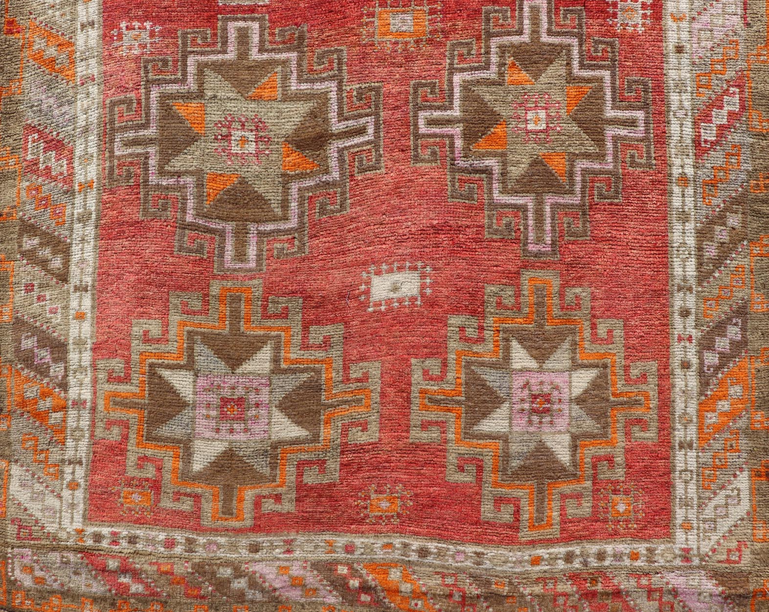 Hand Knotted Colorful Turkish Kars Gallery with Tribal Designs Geometric Motifs Vintage Turkish Kars/Oushak Gallery runner in red, brown, pink, ivory, orange and tan Keivan Woven Arts / rug/EMB - 9671 - P13566, country of origin / type: Turkey / Ous... - Keivan Woven ArtsEMB - 9671 - P13566 - 16205Rug
