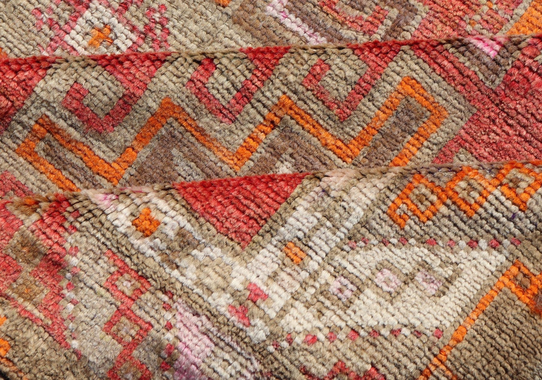 Hand Knotted Colorful Turkish Kars Gallery with Tribal Designs Geometric Motifs Vintage Turkish Kars/Oushak Gallery runner in red, brown, pink, ivory, orange and tan Keivan Woven Arts / rug/EMB - 9671 - P13566, country of origin / type: Turkey / Ous... - Keivan Woven ArtsEMB - 9671 - P13566 - 16205Rug