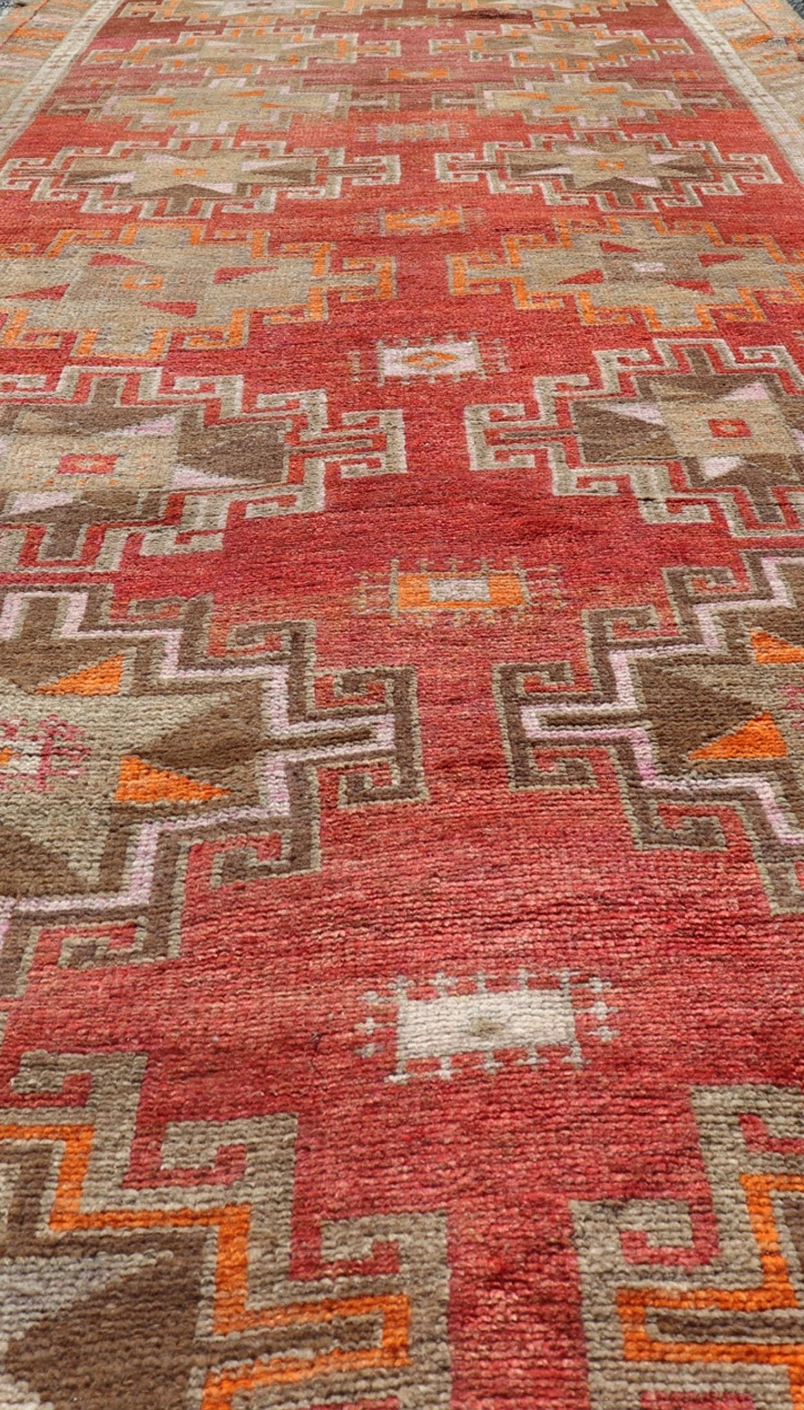 Hand Knotted Colorful Turkish Kars Gallery with Tribal Designs Geometric Motifs Vintage Turkish Kars/Oushak Gallery runner in red, brown, pink, ivory, orange and tan Keivan Woven Arts / rug/EMB - 9671 - P13566, country of origin / type: Turkey / Ous... - Keivan Woven ArtsEMB - 9671 - P13566 - 16205Rug